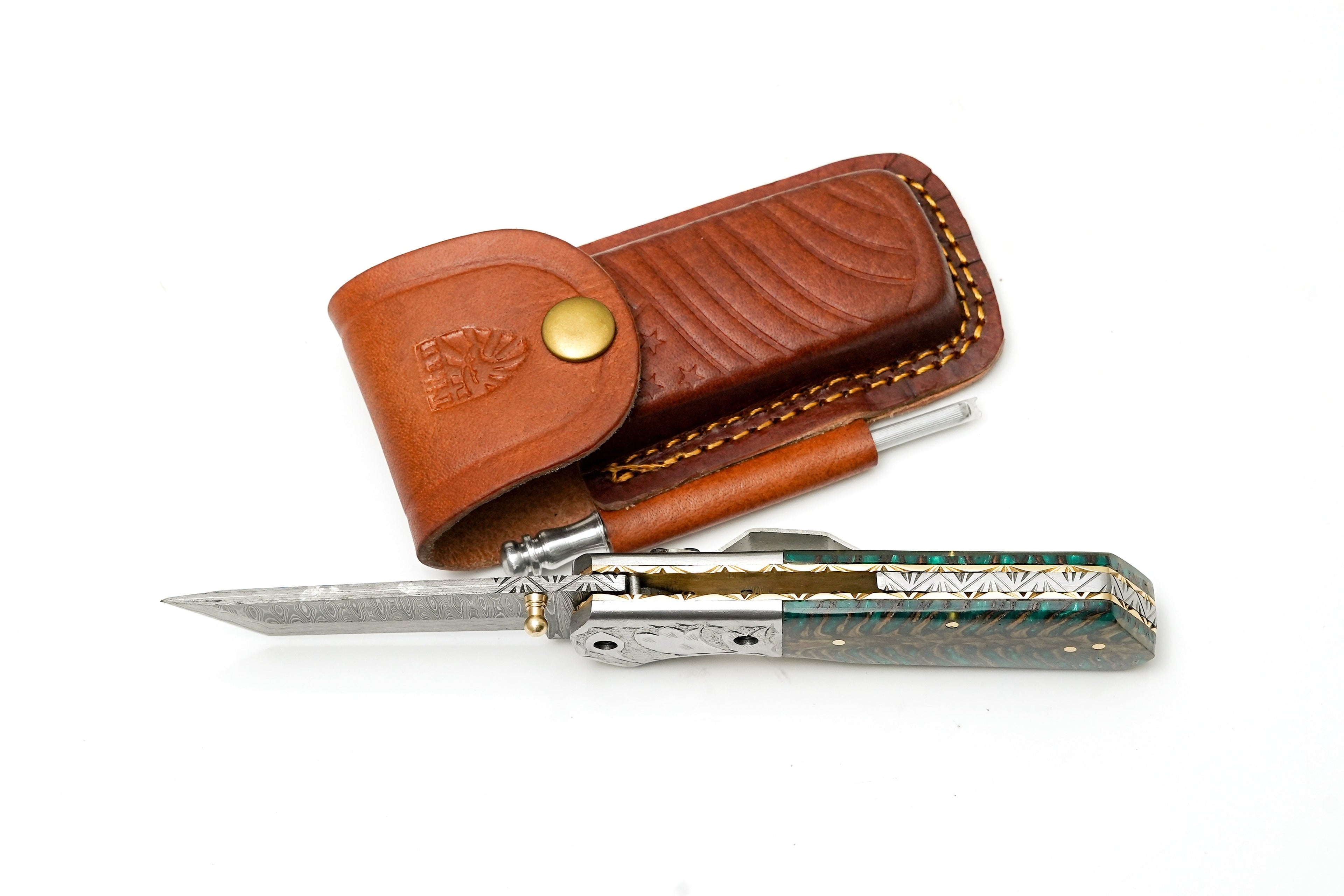 Damascus Steel Tanto Folding Knife | Engraved Bolster &amp; Green Pine Cone Handle | Includes Sharpening Rod TK-485