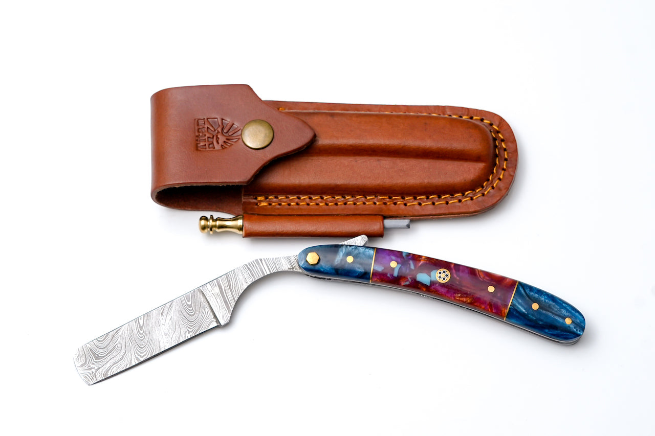 Damascus Straight Razor with Blue &amp; Purple Resin Handle TK-437