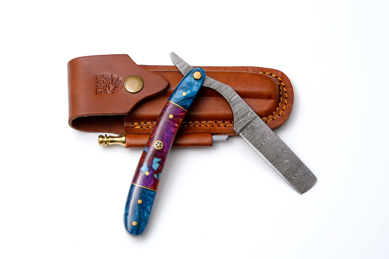 Damascus Straight Razor with Blue &amp; Purple Resin Handle TK-437