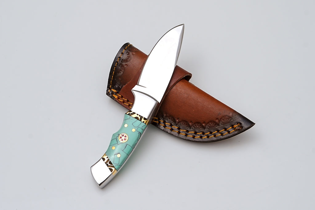 Custom Stainless Steel Knife with Turquoise Mosaic Handle &amp; Leather Sheath - TS-06