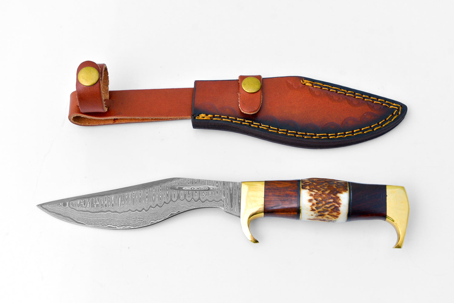 Damascus Steel Outdoor Chopping Tool | Stag Antler, Walnut Wood &amp; Brass Handle TK-127