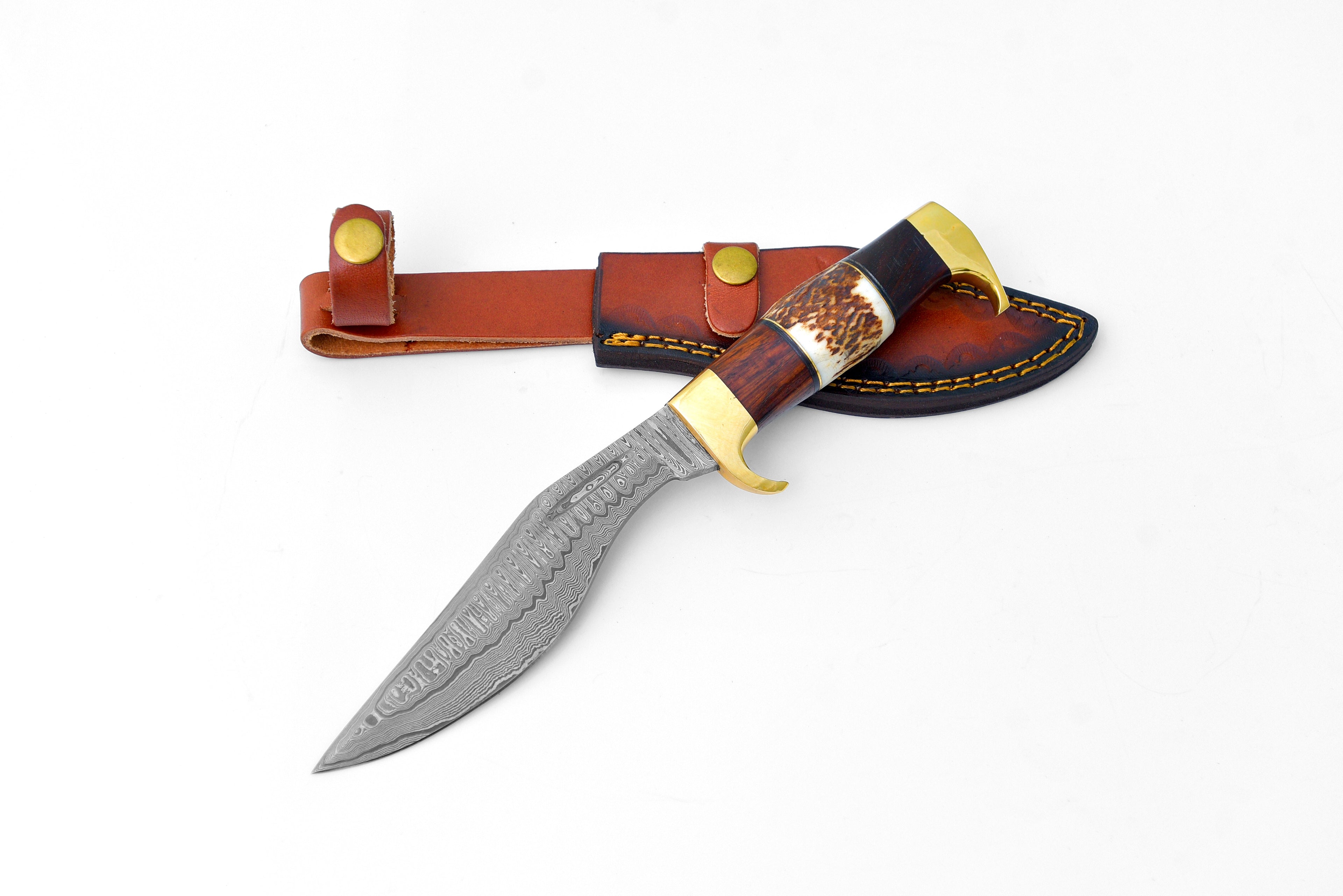 Damascus Steel Outdoor Chopping Tool | Stag Antler, Walnut Wood &amp; Brass Handle TK-127
