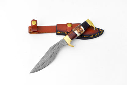 Damascus Steel Outdoor Chopping Tool | Stag Antler, Walnut Wood &amp; Brass Handle TK-127