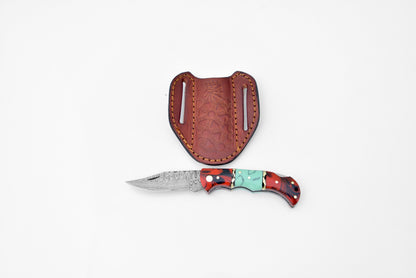 Damascus steel pocket knife Limited Run Red &amp; Blue Resin TF-050