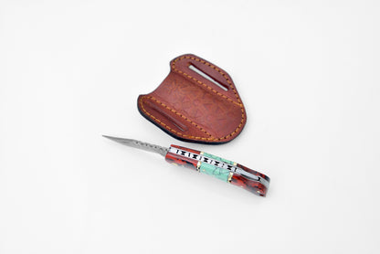 Damascus steel pocket knife Limited Run Red &amp; Blue Resin TF-050
