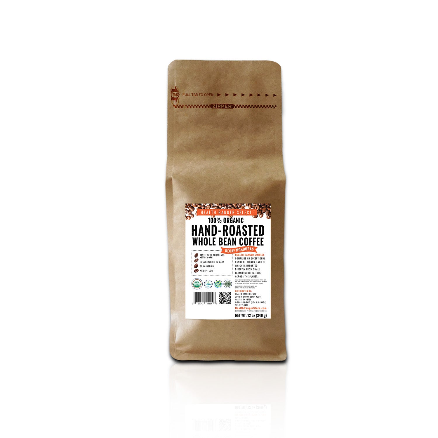 100% Organic Hand-Roasted Whole Bean Coffee (Decaf Honduras) 12oz, (340g) (3-Pack)