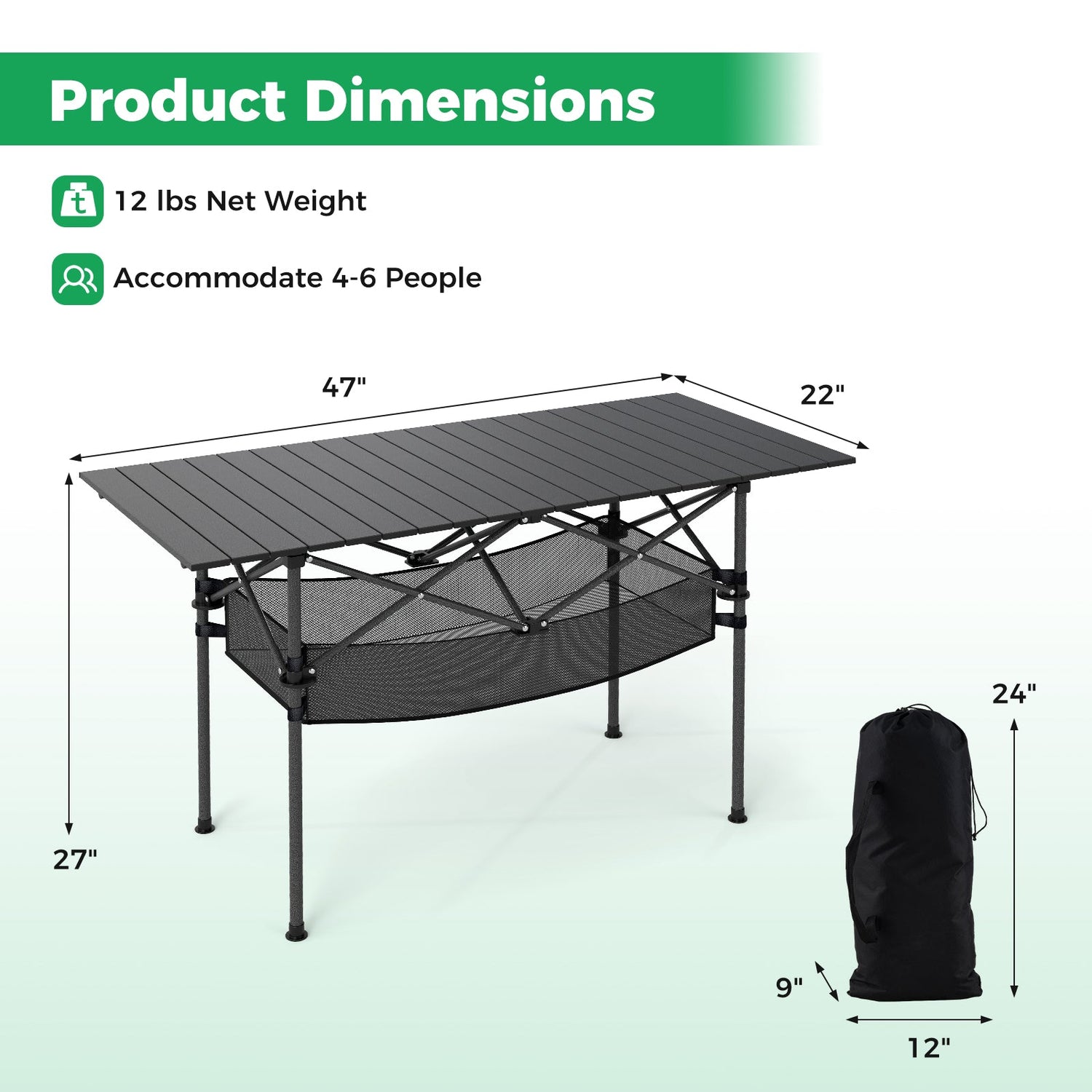 Patio Folding Camping Table with Roll-up Tabletop and Mesh Basket