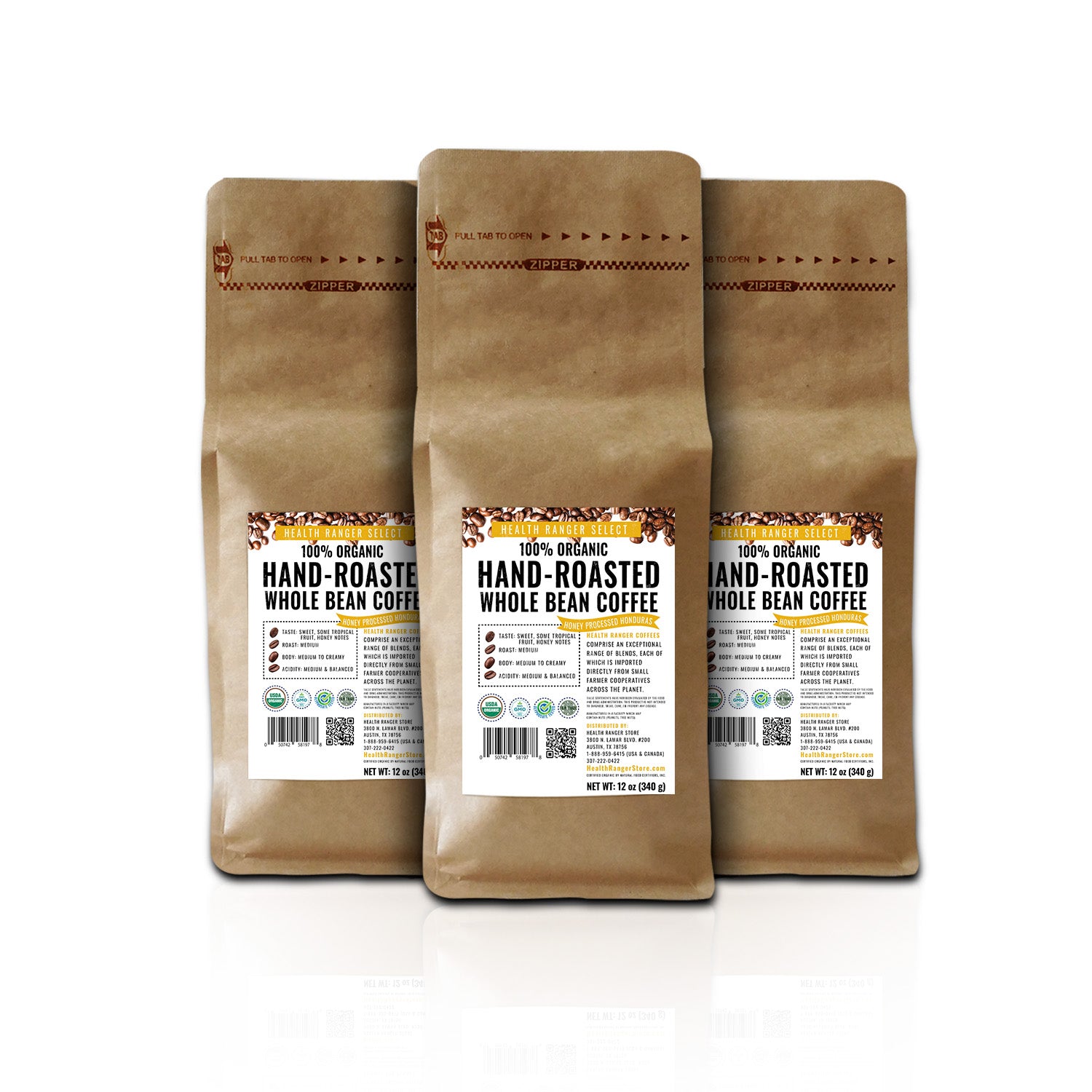 100% Organic Hand-Roasted Whole Bean Coffee (Honey Processed Honduras)   12oz, 340g (3-Pack)
