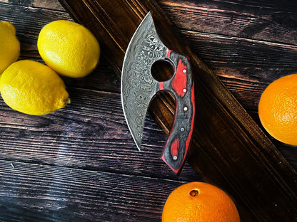 Custom Alaskan Ulu style blade, perfect for outdoors and indoor use, diamond wood (red and black) - Red Ulu