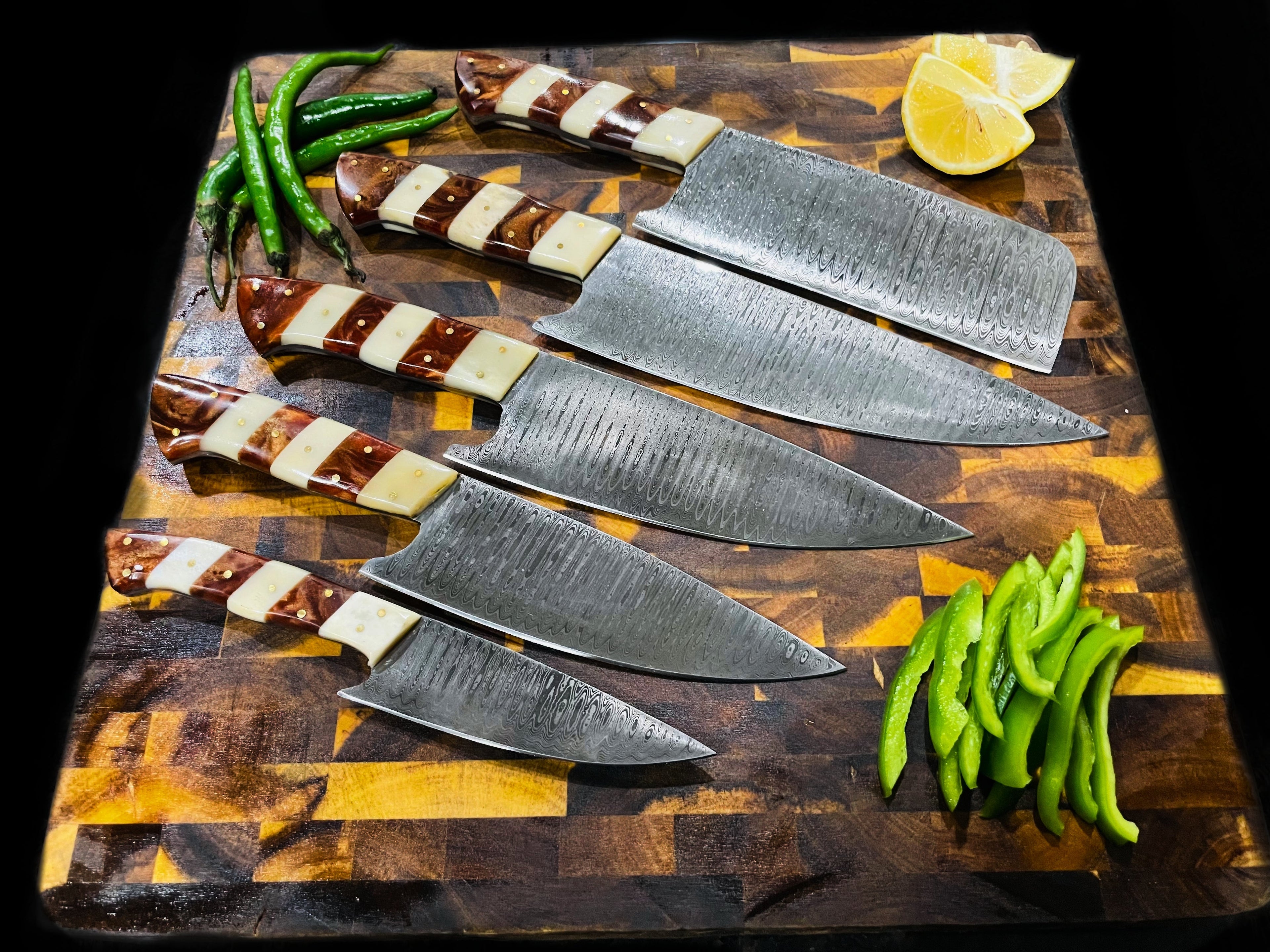 5-Piece Damascus &amp; Arylic Knife Set / With Leather carry Bag