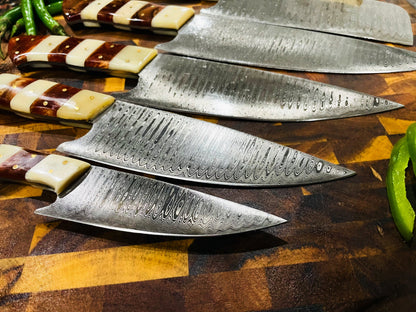 5-Piece Damascus &amp; Arylic Knife Set / With Leather carry Bag