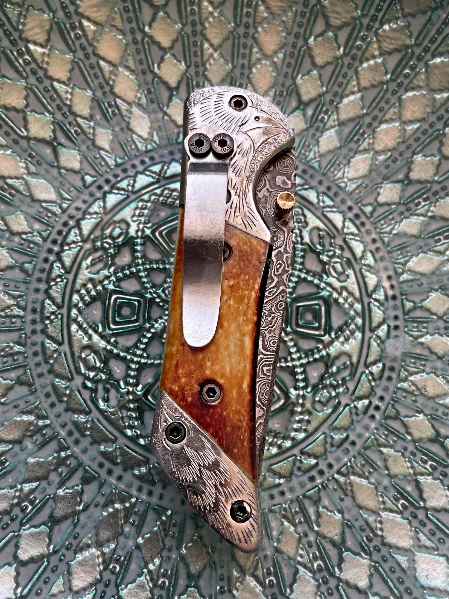 Titan American Eagle - Raindrop Damascus folding blade/ EDC/ Eagle engraved Steel Bolster TF-021X