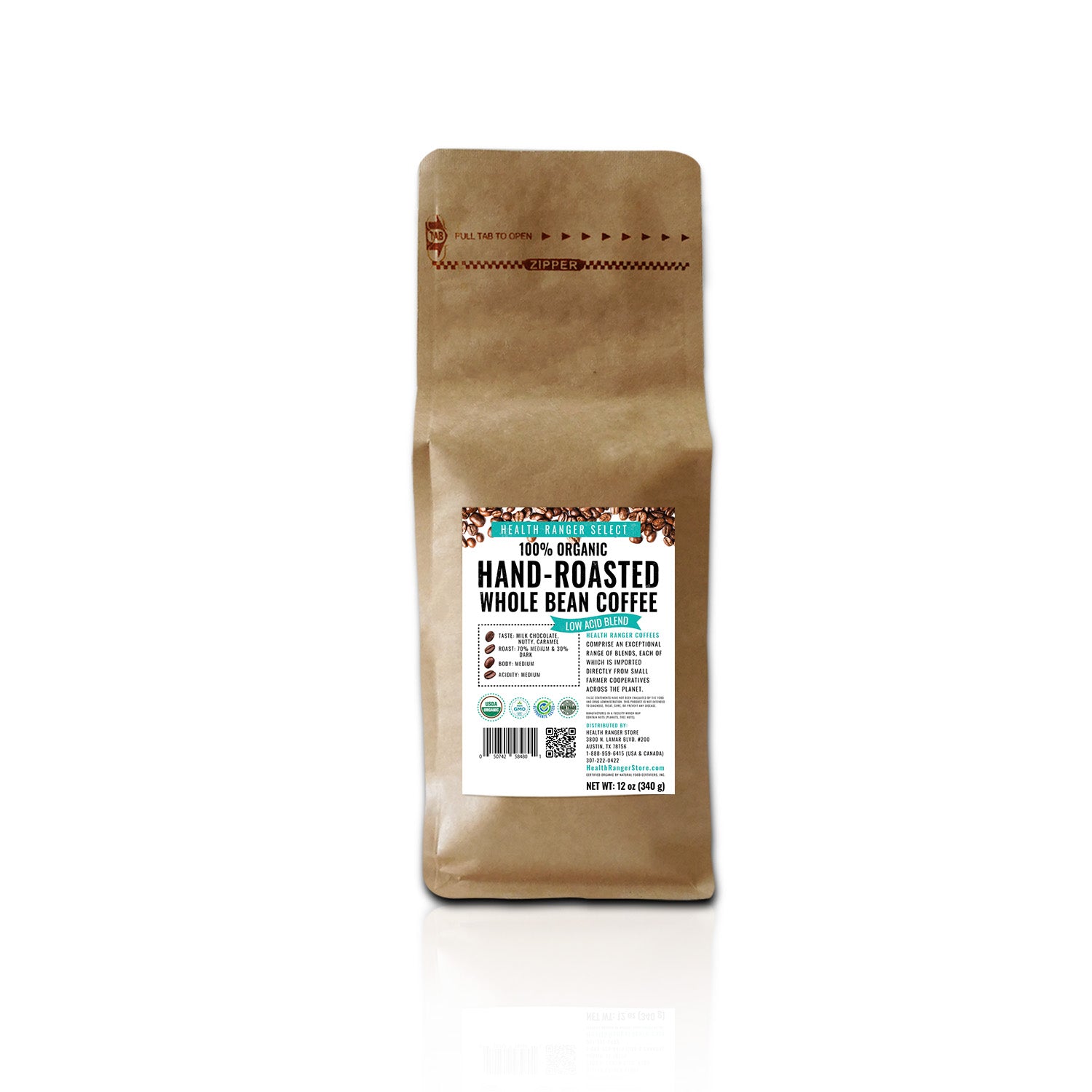 100% Organic Hand-Roasted Whole Bean Coffee (Low Acid Blend) 12oz, 340g (6-Pack)