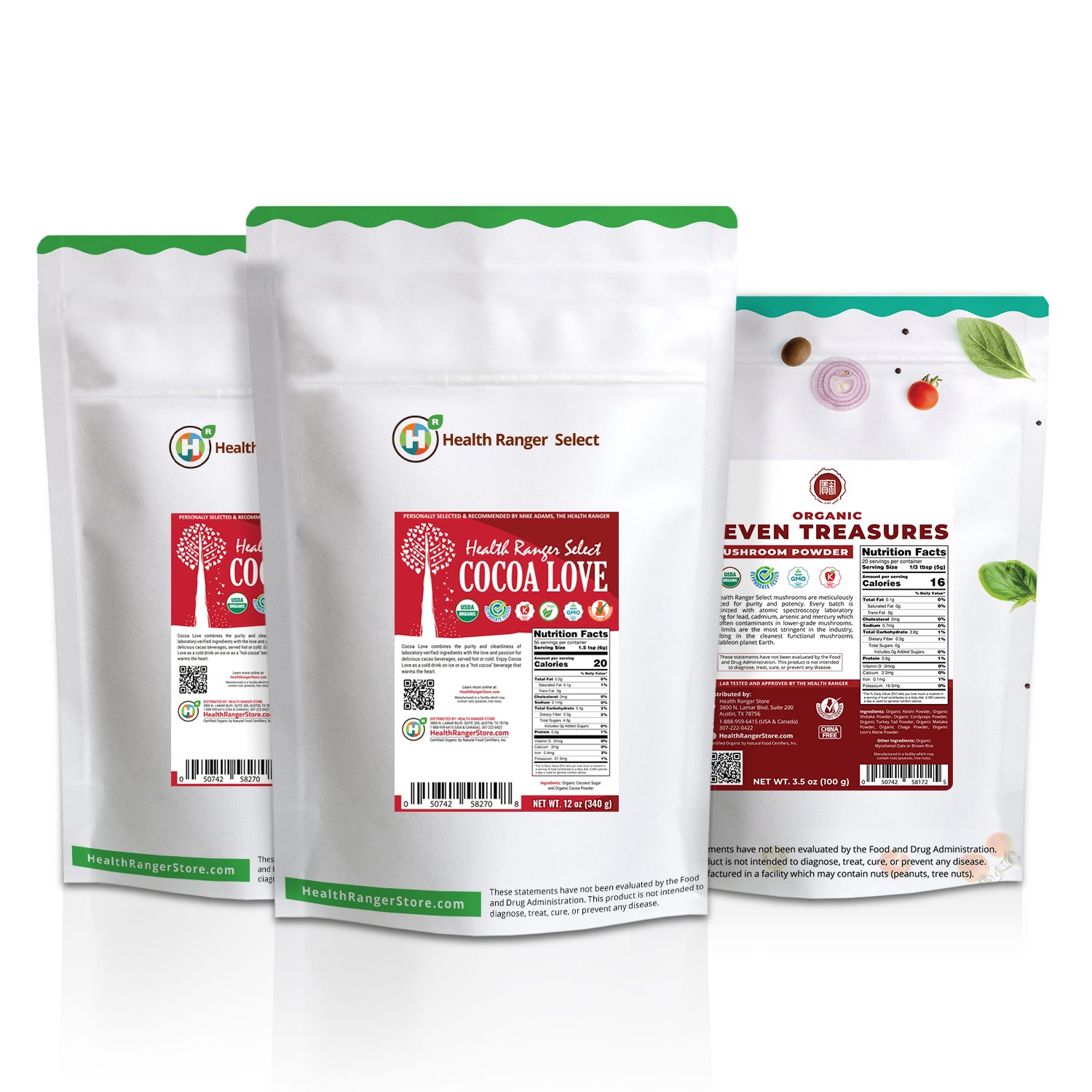 Organic Seven Treasures Mushroom Powder and Organic Cocoa Love Combo Pack