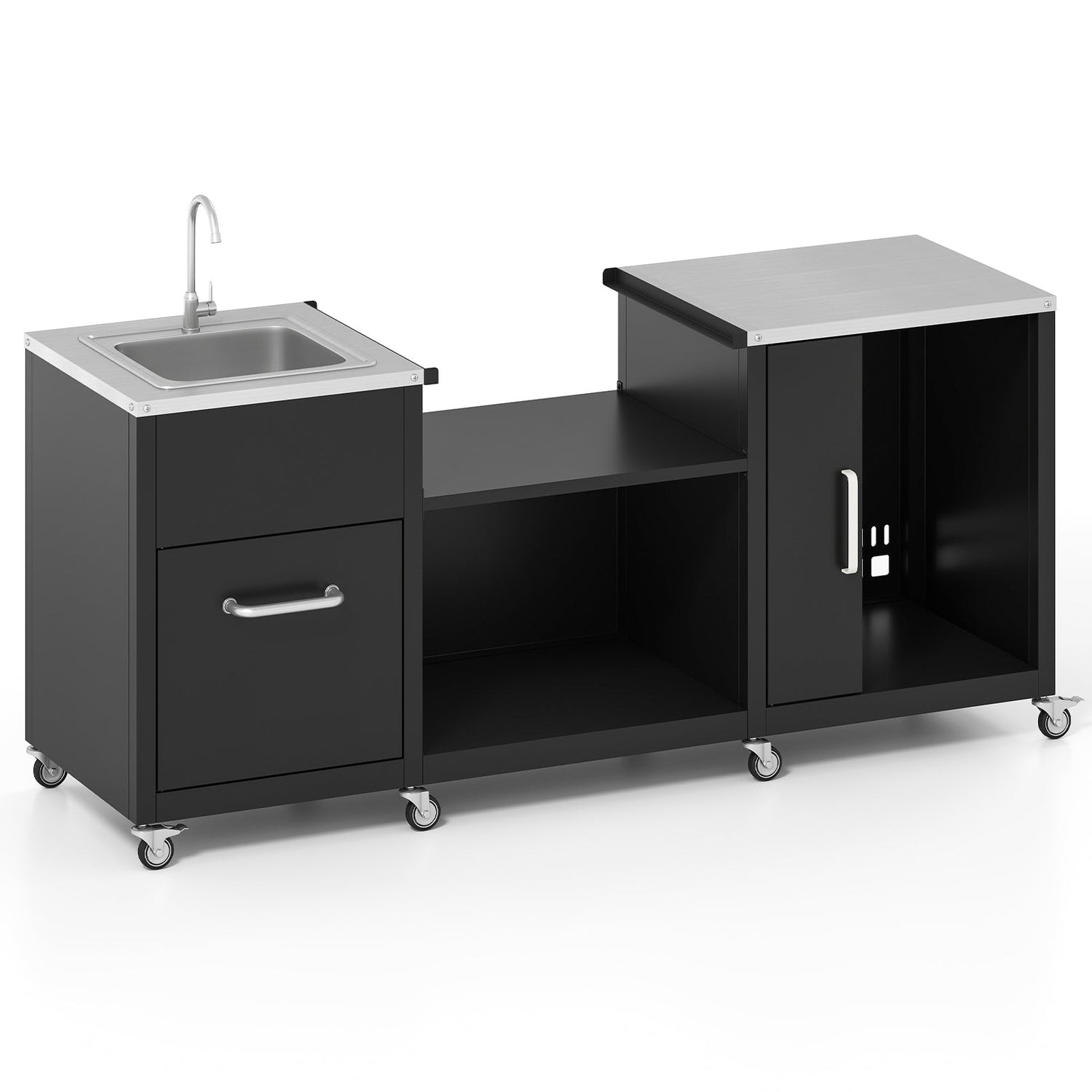 Outdoor Grill Table with Sink and Drainage Heavy Duty Metal Grill Cart-Black