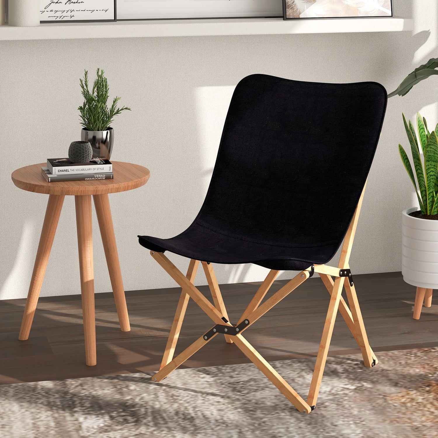 Set of 2 Bamboo Dorm Chair with Storage Pocket for Camping and Fishing