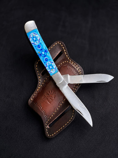 Titan "Zellige Tile" High Carbon Double-Blade Folding Knife — Turquoise Mosaic Resin Handle | Hand-Tooled Leather Belt Sheath TD-101