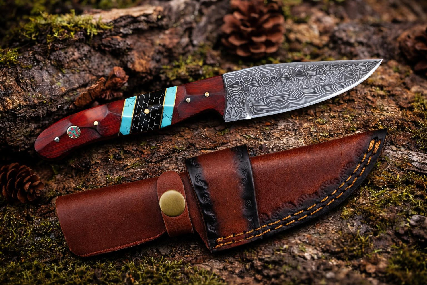 Hand-Forged Damascus Steel Drop Point Outdoor Utility Tool | Rosewood, Turquoise &amp; Black Honeycomb Handle - TK-503
