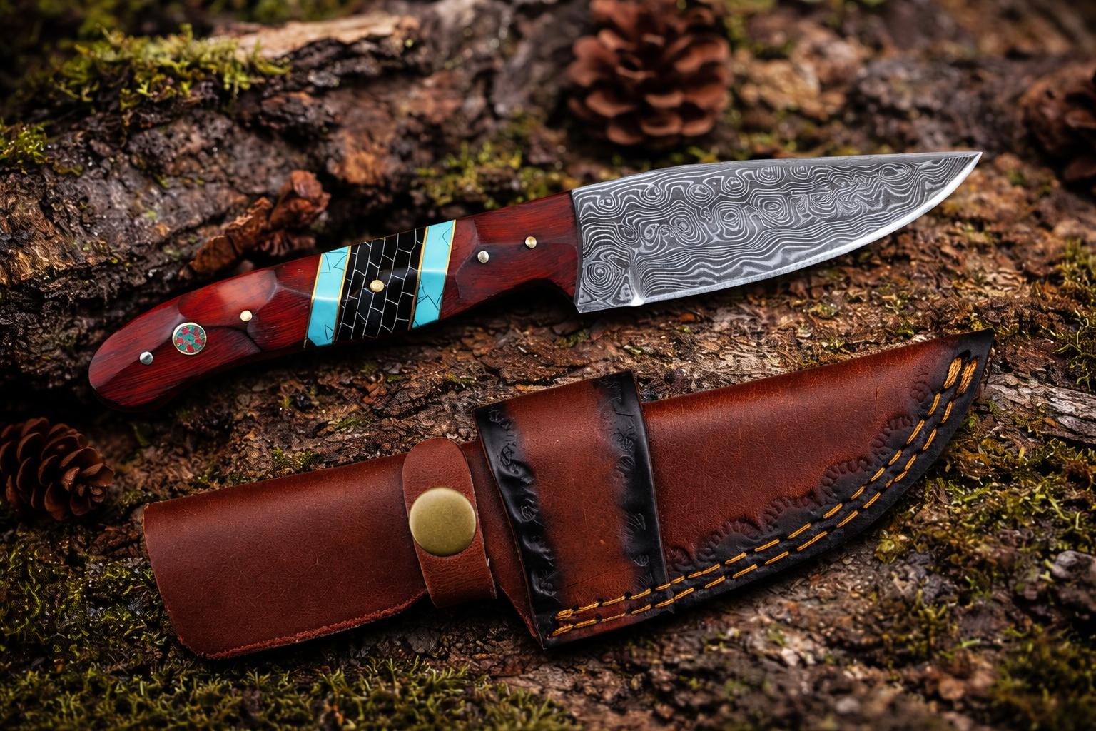 Hand-Forged Damascus Steel Drop Point Outdoor Utility Tool | Rosewood, Turquoise &amp; Black Honeycomb Handle - TK-503
