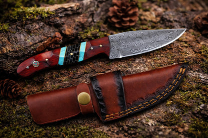 Hand-Forged Damascus Steel Drop Point Outdoor Utility Tool | Rosewood, Turquoise &amp; Black Honeycomb Handle - TK-503