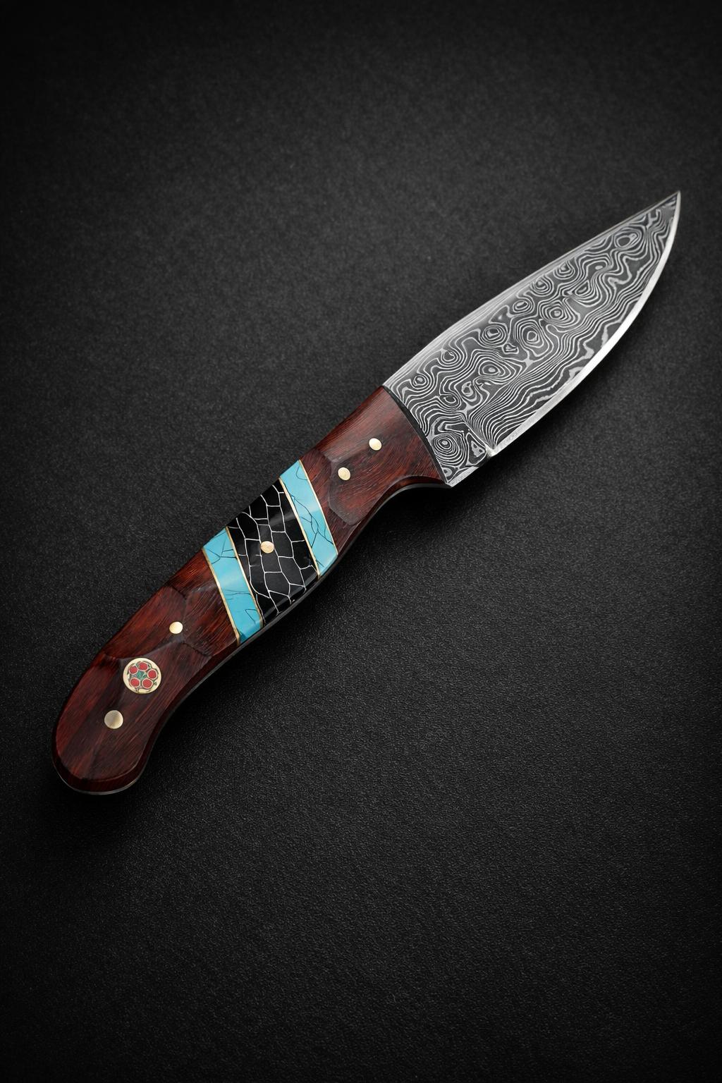 Hand-Forged Damascus Steel Drop Point Outdoor Utility Tool | Rosewood, Turquoise &amp; Black Honeycomb Handle - TK-503