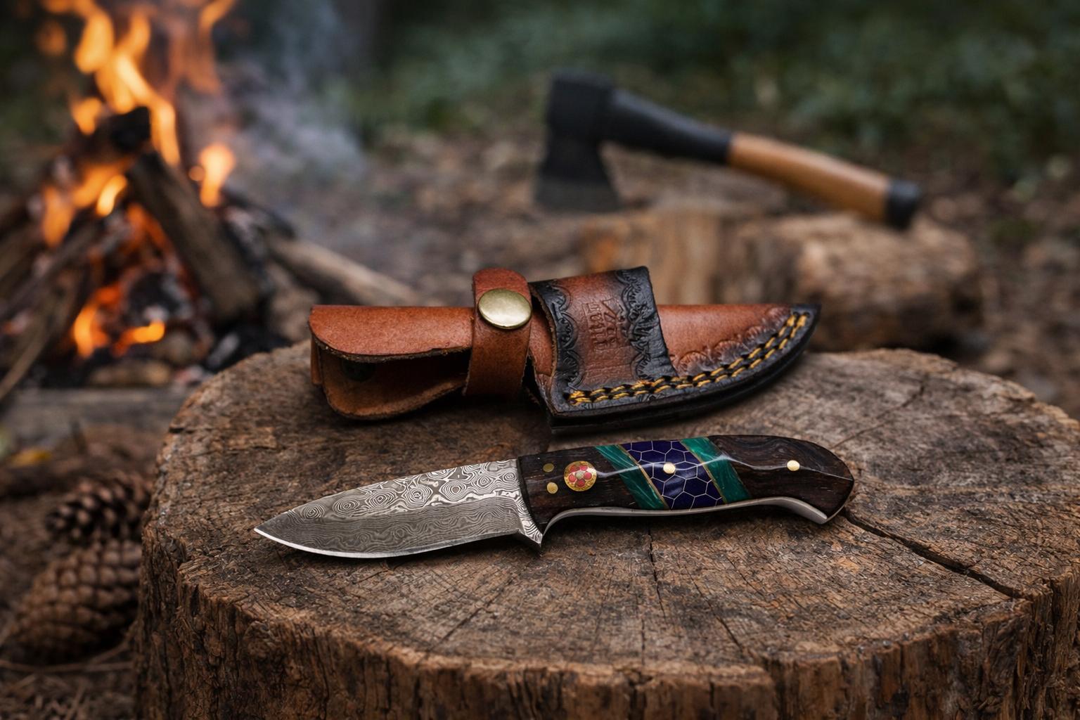 Hand-Forged Damascus Steel Drop Point Outdoor Utility Tool | Dark Wood, Green Resin &amp; Purple Honeycomb Handle TK-509