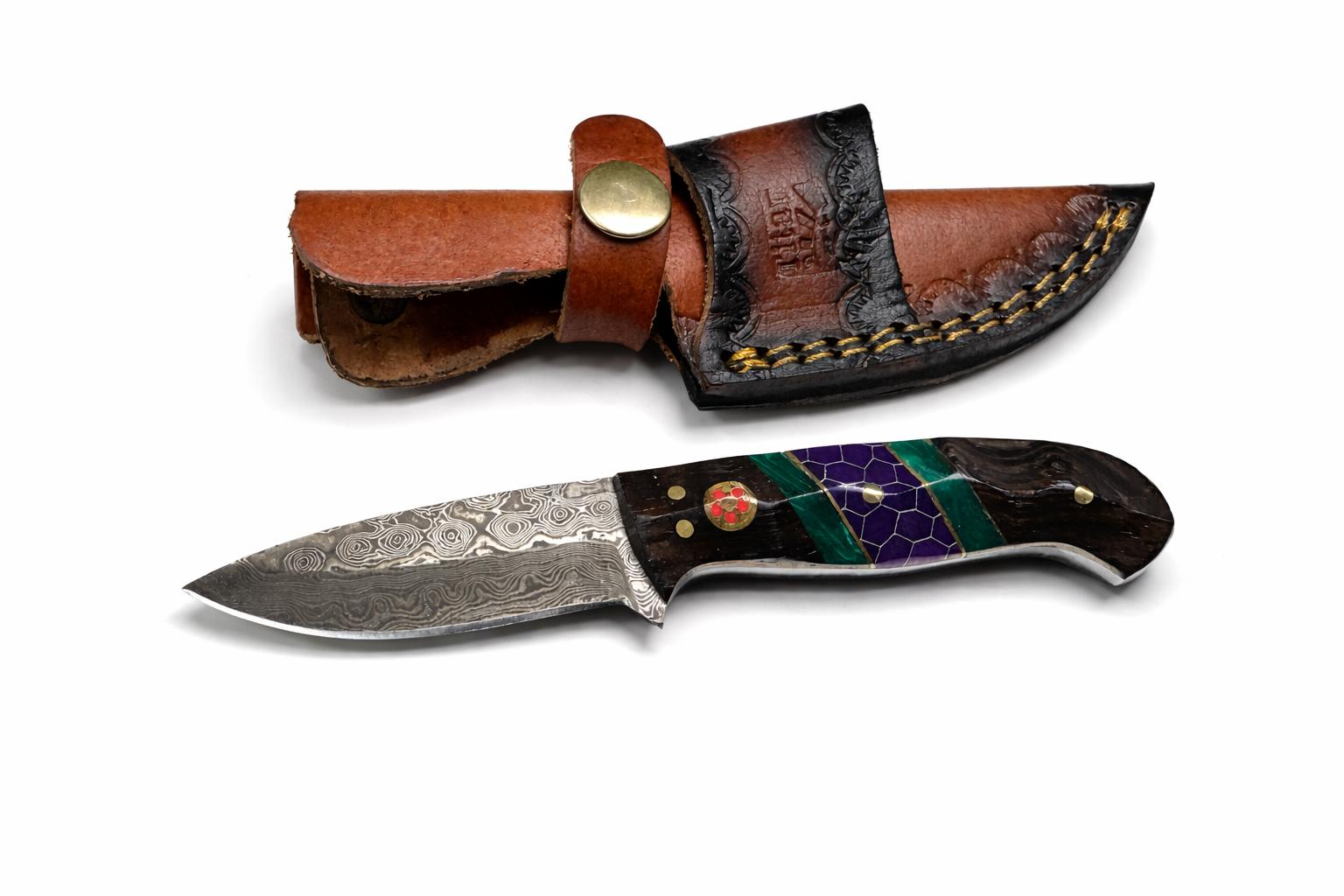 Hand-Forged Damascus Steel Drop Point Outdoor Utility Tool | Dark Wood, Green Resin &amp; Purple Honeycomb Handle TK-509