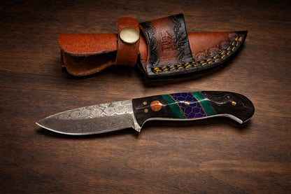 Hand-Forged Damascus Steel Drop Point Outdoor Utility Tool | Dark Wood, Green Resin &amp; Purple Honeycomb Handle TK-509