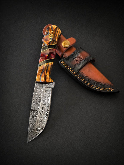 Hand-Forged Damascus Steel Drop Point Knife | Bocote Wood &amp; Ruby Red Resin Handle | Leather Sheath TK-512