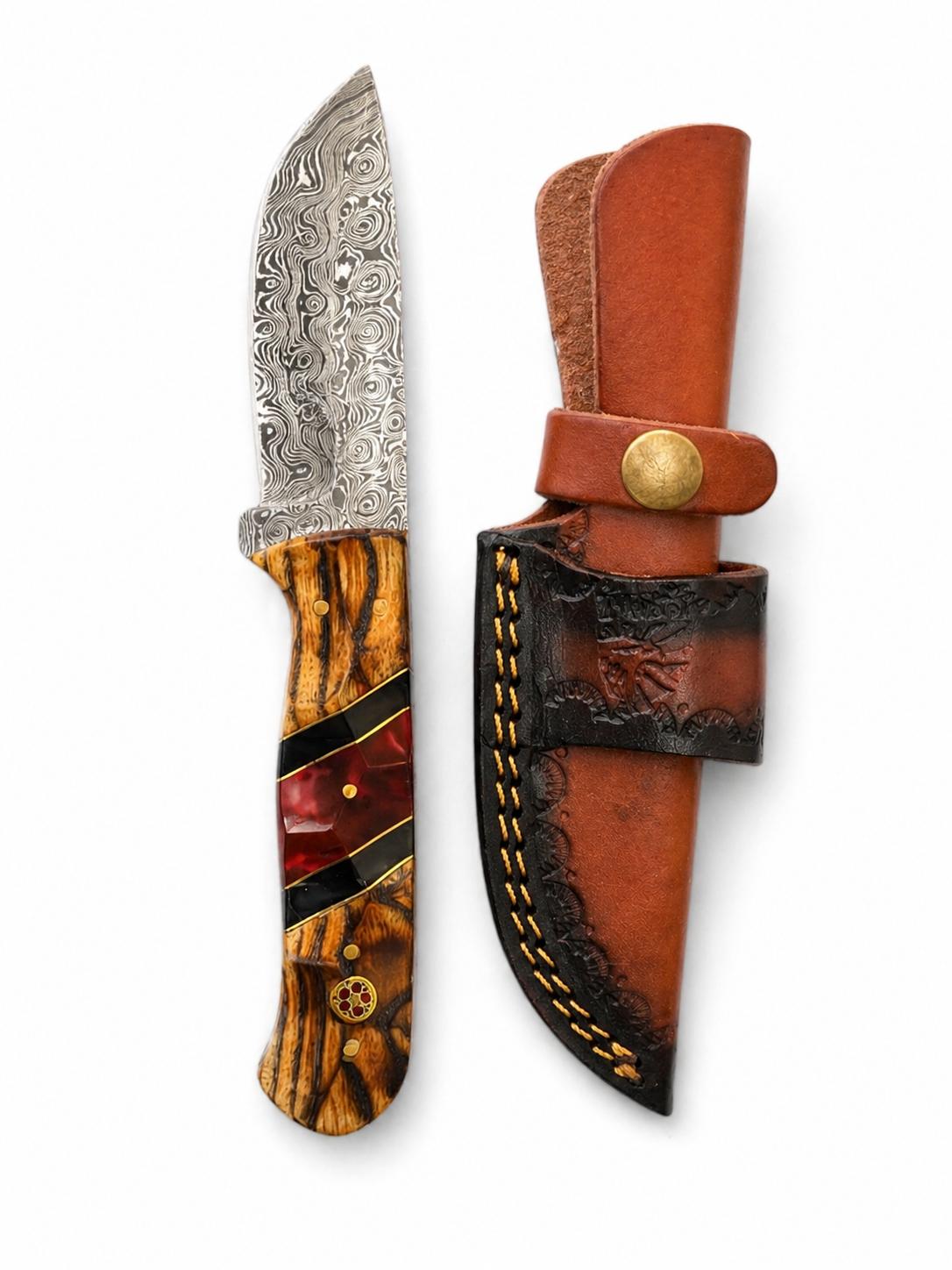 Hand-Forged Damascus Steel Drop Point Knife | Bocote Wood &amp; Ruby Red Resin Handle | Leather Sheath TK-512