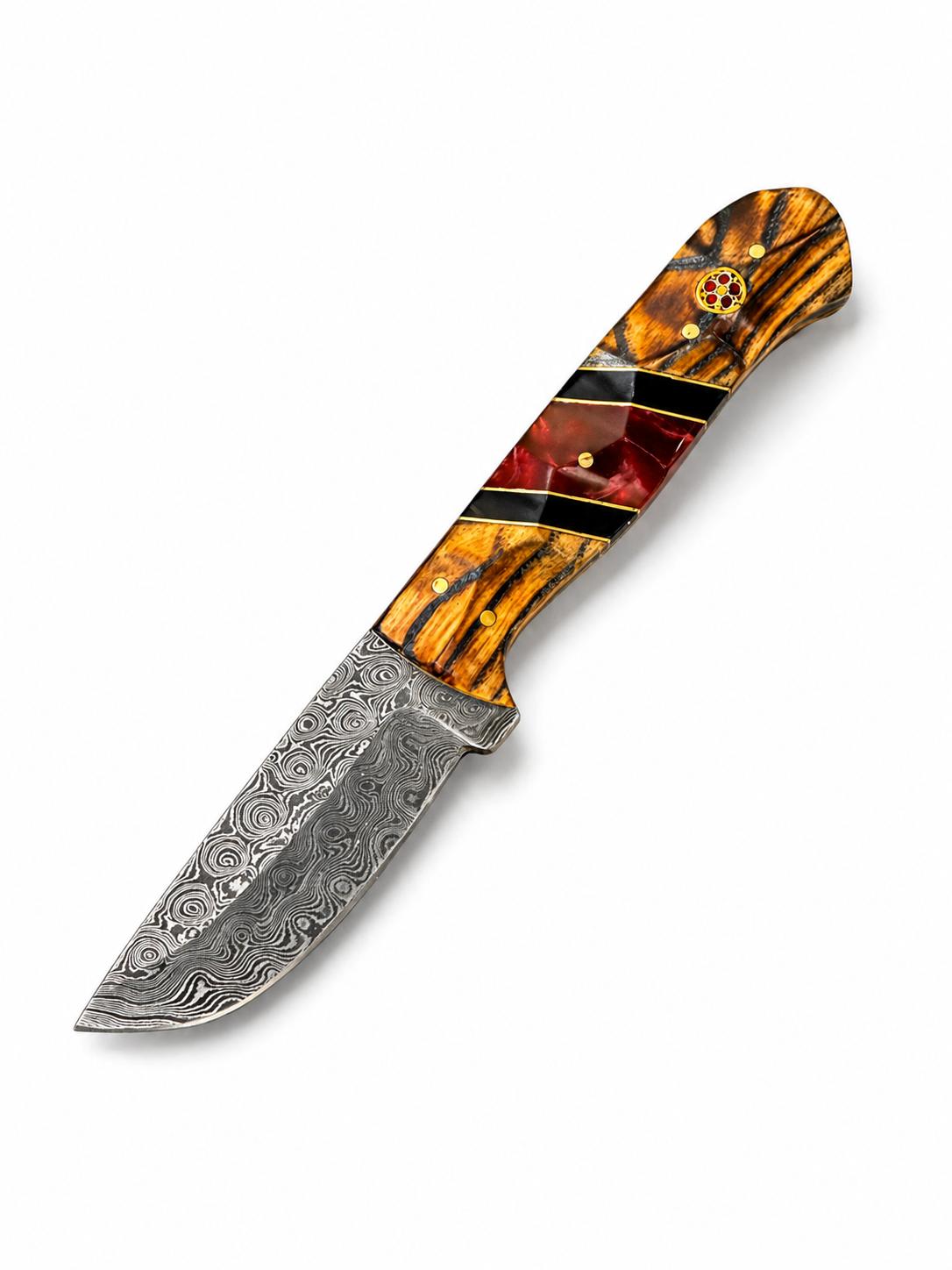 Hand-Forged Damascus Steel Drop Point Knife | Bocote Wood &amp; Ruby Red Resin Handle | Leather Sheath TK-512