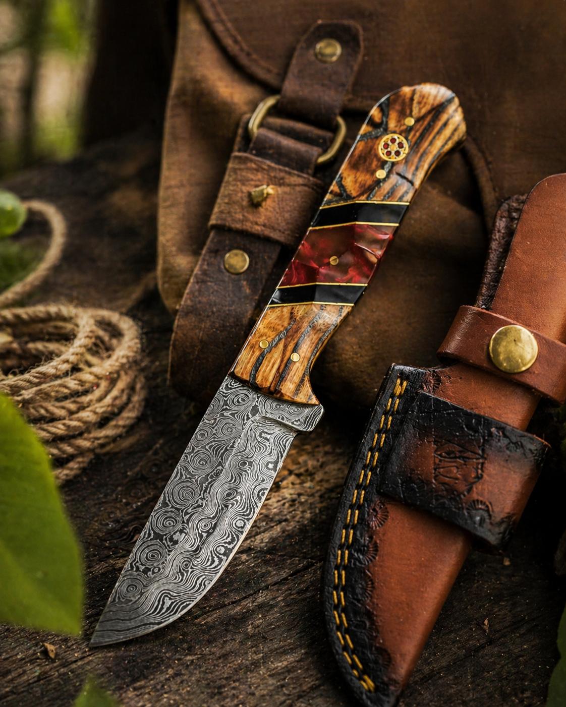 Hand-Forged Damascus Steel Drop Point Knife | Bocote Wood &amp; Ruby Red Resin Handle | Leather Sheath TK-512