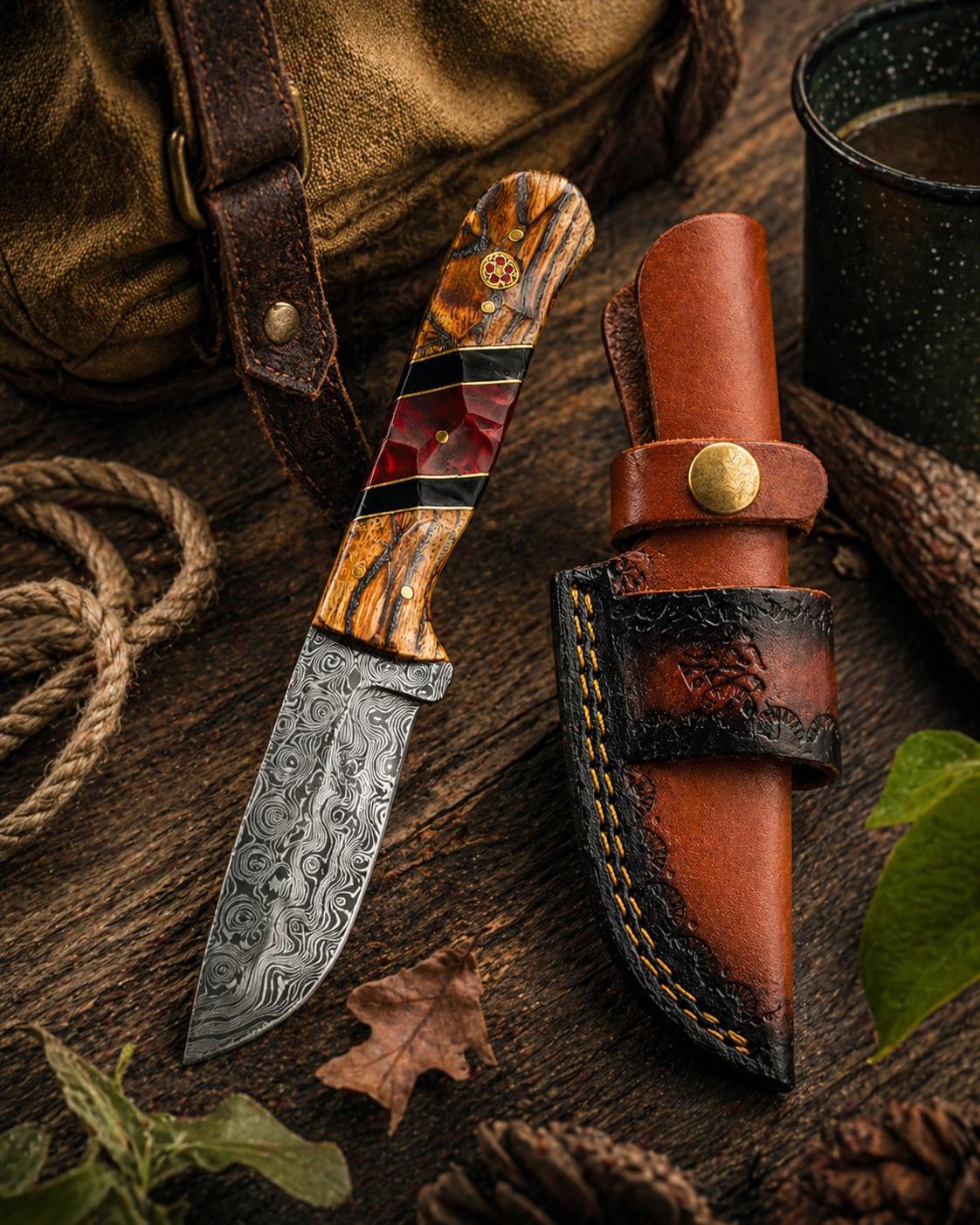 Hand-Forged Damascus Steel Drop Point Knife | Bocote Wood &amp; Ruby Red Resin Handle | Leather Sheath TK-512