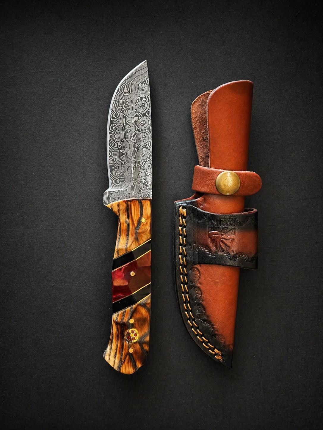 Hand-Forged Damascus Steel Drop Point Knife | Bocote Wood &amp; Ruby Red Resin Handle | Leather Sheath TK-512