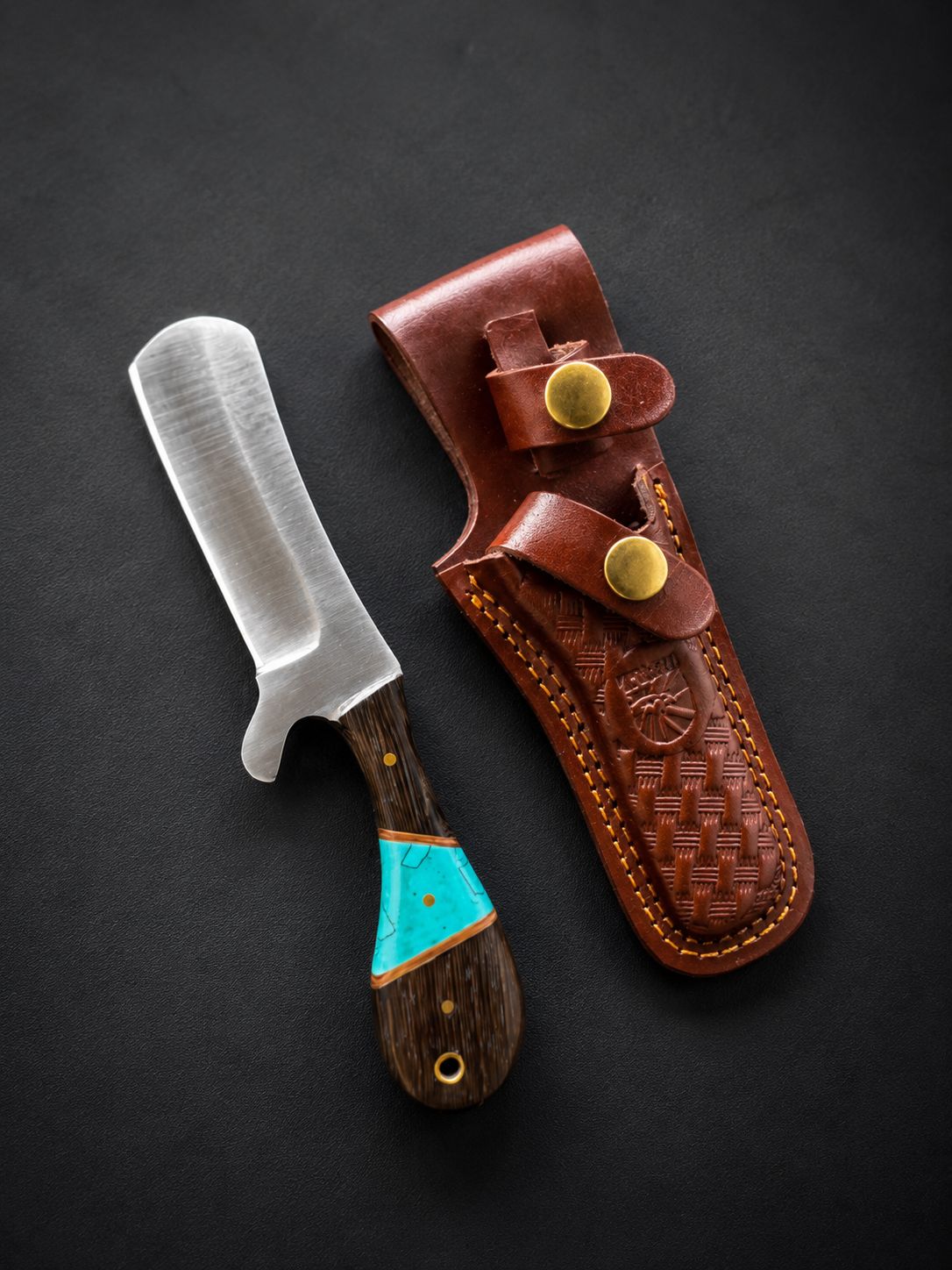 Titan "Malachite Range" Bull Cowboy Cutter | Sheepfoot High Carbon Steel | Turquoise Inlay Wenge &amp; Malachite Handle | Engraved Western Leather Sheath TK-519