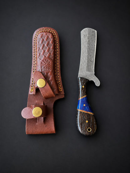 Titan "Malachite Range" Bull Cowboy Cutter | Sheepfoot Damascus Steel | Blue Inlay Wenge &amp; Malachite Handle | Engraved Western Leather Sheath TK-523