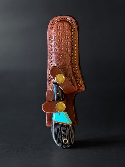 Titan "Malachite Range" Bull Cowboy Cutter | Sheepfoot Damascus Steel | Turquoise Inlay Wenge &amp; Malachite Handle | Engraved Western Leather Sheath TK-524