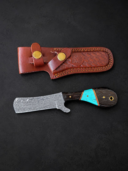 Titan "Malachite Range" Bull Cowboy Cutter | Sheepfoot Damascus Steel | Turquoise Inlay Wenge &amp; Malachite Handle | Engraved Western Leather Sheath TK-524