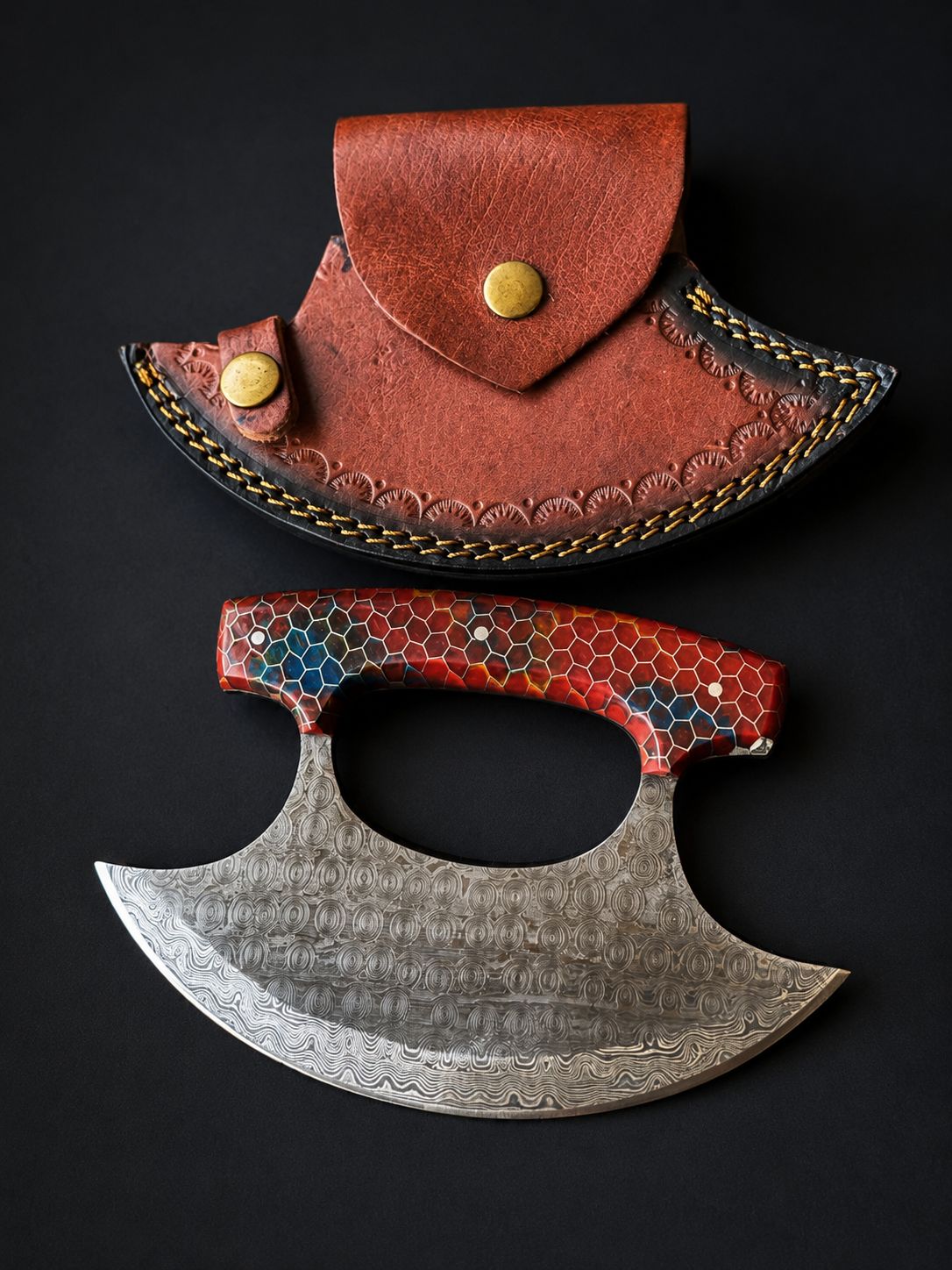 Titan "Ruby Hive" Damascus Ulu Knife | Ruby &amp; Cobalt Honeycomb Resin Handle | Custom Crescent Leather Sheath TK-525