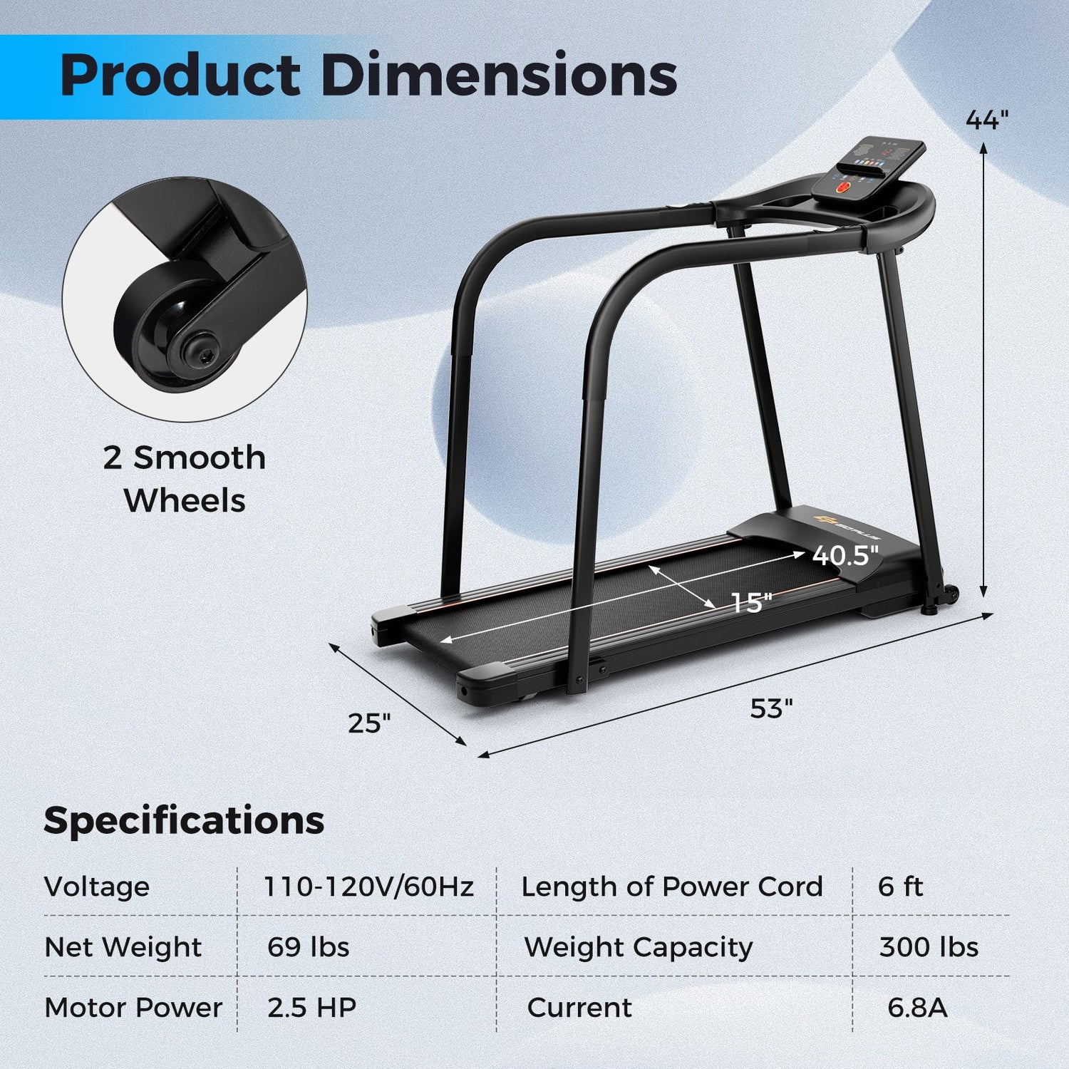 2.5 HP Walking Treadmill with Long Handrails for Seniors-Black