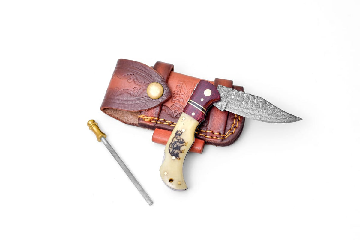 Bear Engraved Damascus Folding Knife with Leather Sheath - TF-122