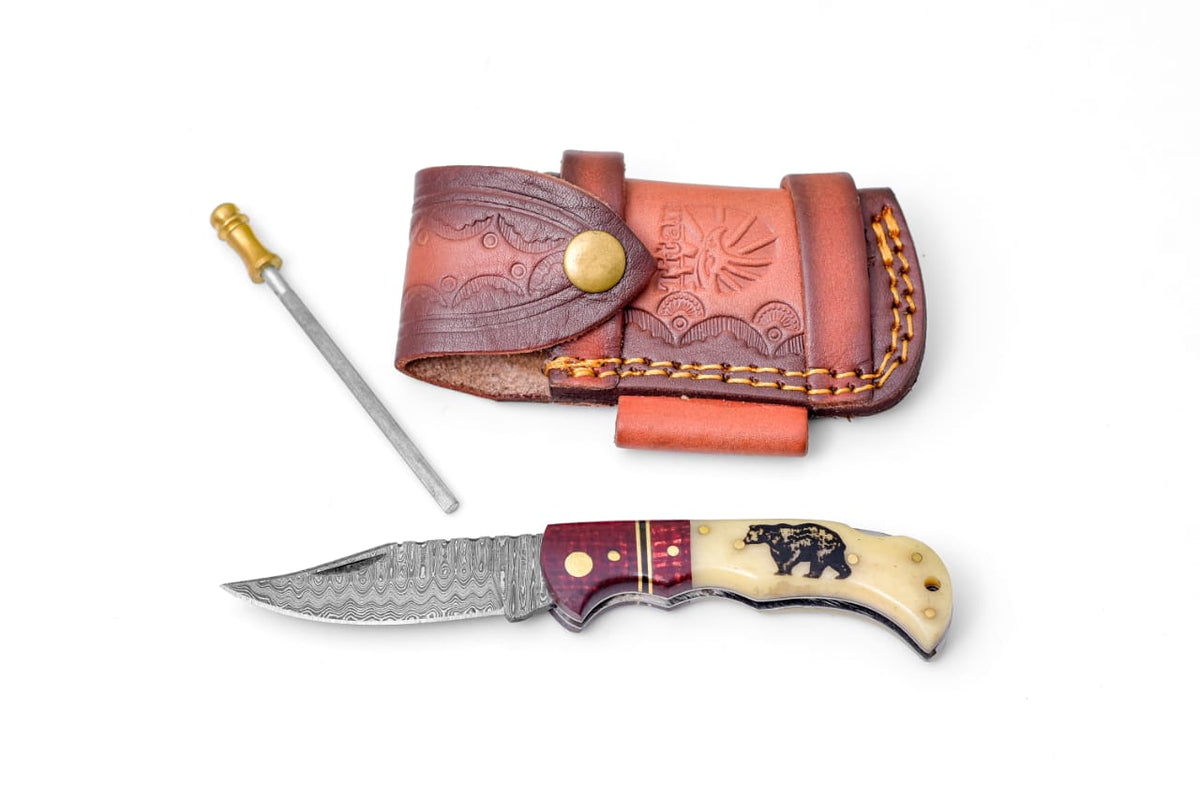 Bear Engraved Damascus Folding Knife with Leather Sheath - TF-122
