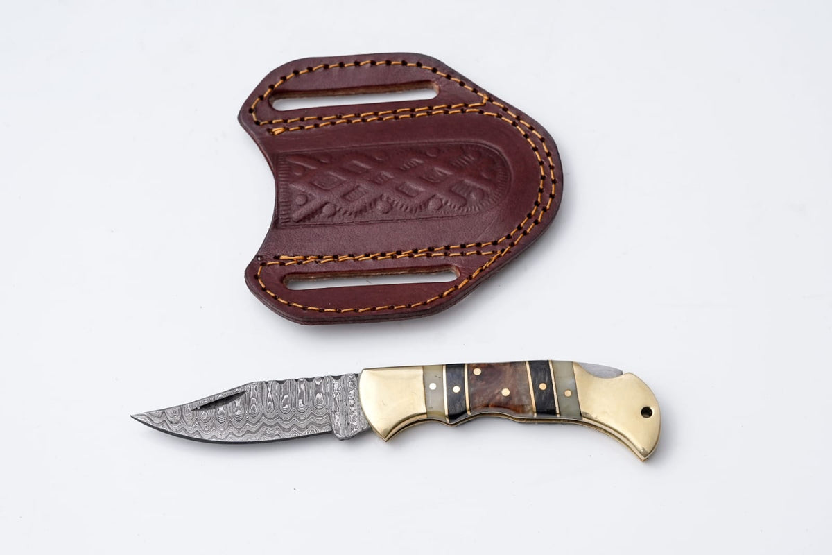 Brass &amp; Bone Damascus Folding Knife with Leather Sheath - TF-099