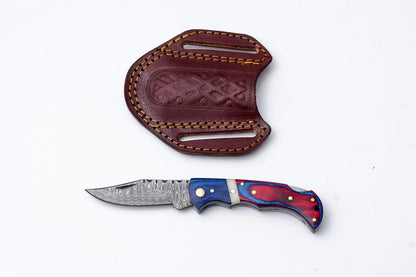 Patriot Series Damascus Folding Knife – Red &amp; Blue Handle with Leather Sheath -TF-097