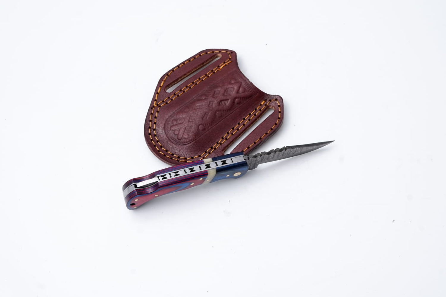 Patriot Series Damascus Folding Knife – Red &amp; Blue Handle with Leather Sheath -TF-097