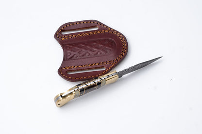 Brass &amp; Bone Damascus Folding Knife with Leather Sheath - TF-099