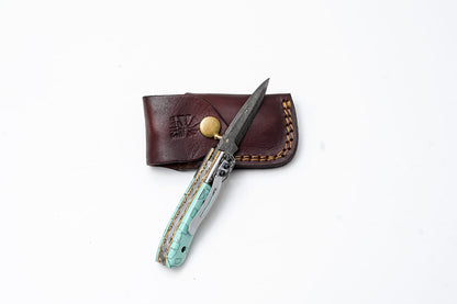 Turquoise Damascus Folding Knife – Hand Engraved Bolster Edition - TF-090