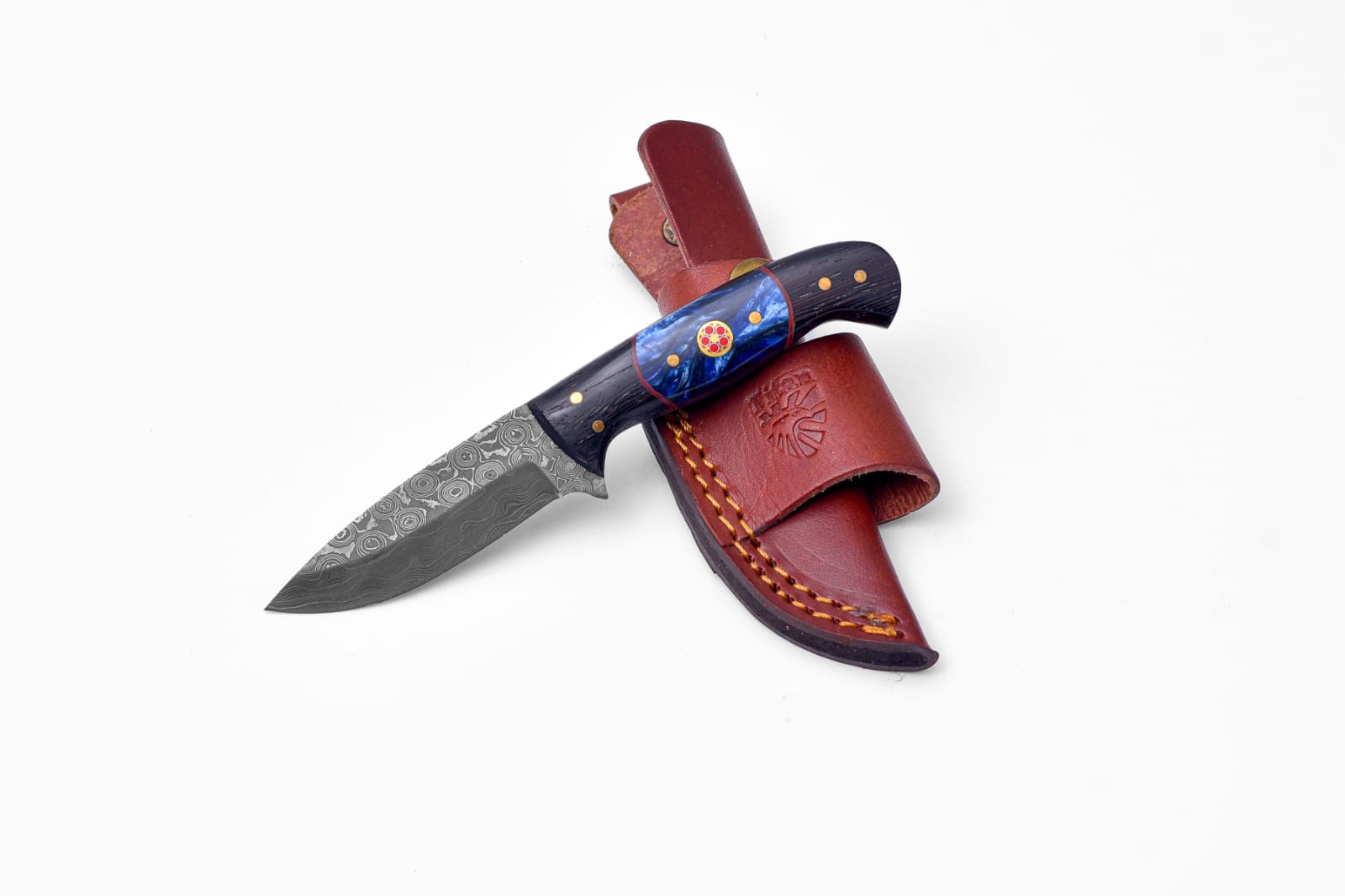 Handmade Damascus Steel Knife with Blue Resin &amp; Wenge Wood Handle - TK-422