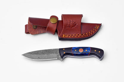 Handmade Damascus Steel Knife with Blue Resin &amp; Wenge Wood Handle - TK-422