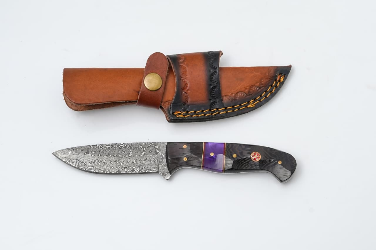 Damascus Steel Fixed Blade Knife with Wenge Wood &amp; Purple Resin Handle - TK-419